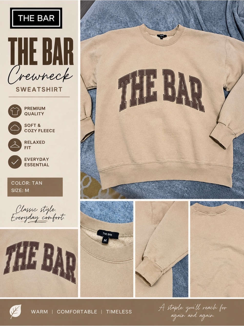 The Bar Tan Crewneck Sweatshirt with Brown Logo Size Medium